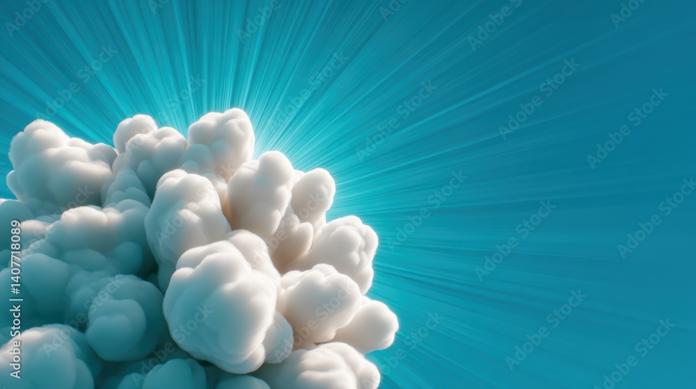 Poster a digital rendering of fluffy white clouds against a vibrant turquoise background, radiating light a