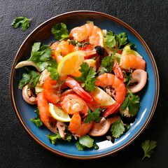 Salat mit Shrimps und Meeresfrüchten auf einer dunklen Tischplatte.