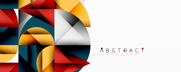 Geometric shapes overlap creating vibrant composition. Red, yellow, blue, white, black hues dominate design. Modern aesthetic, clean lines, abstract background texture.