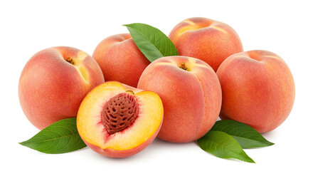 Juicy ripe peaches with green leaves a half sliced peach showing its vibrant core against a bright