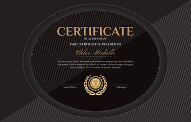 Elegant black and White diploma certificate template with luxury badge and modern line pattern. For award, business, and education needs. Use for print, certificate, diploma, graduation
