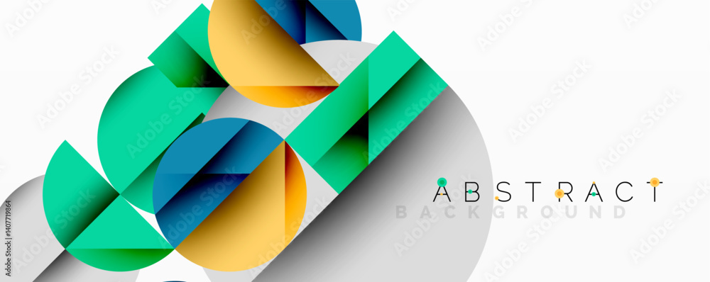 Fototapete Modern abstract design features overlapping geometric shapes. Blue, green, yellow elements create dynamic composition on white background. Clean, minimalist aesthetic.