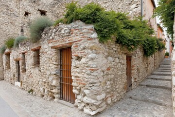 Fototapeta premium Historic stone building with greenery in a quaint village during daytime