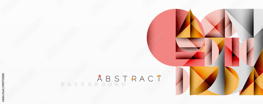 Poster geometric shapes overlap creating modern abstract design. pink, orange, white hues dominate composit