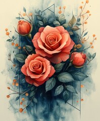 Watercolor Floral Wreath with Geometric Elements Pink Roses Green Leaves Pastel Colors