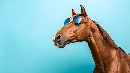 Fototapeta premium Cool Horse: a close-up shot of a horse wearing sunglasses on its face, showcasing a unique and amusing contrast with a blue background.