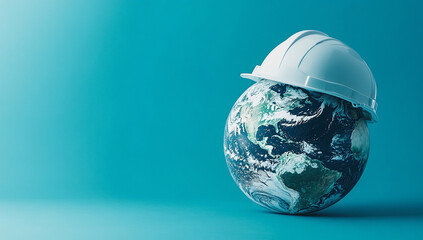 A white hard hat rests on a model of planet Earth against a teal background.  Conceptual image of global construction or infrastructure projects.
