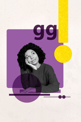 Picture collage of person sit on color background with circle square shape g letter exclamation mark