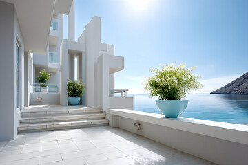 Modern white villa's ocean view patio with potted plants and steps