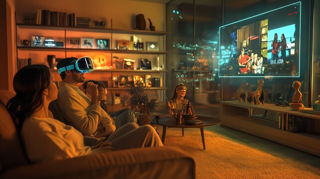 Family Relaxing at Home with Vr Headset and Watching Tv