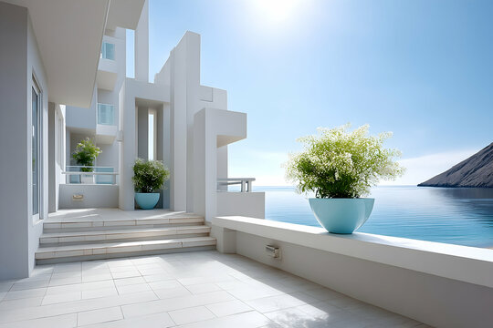Modern white villa's ocean view patio with potted plants and steps