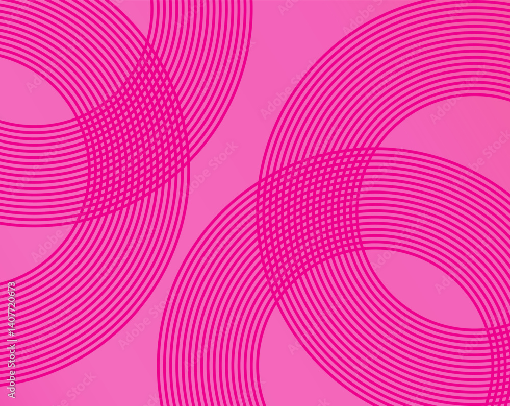 Poster striking geometric design featuring overlapping circular line patterns in vibrant shades of pink