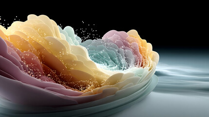 Pastel-colored abstract wave with swirling liquid and sparkling particles