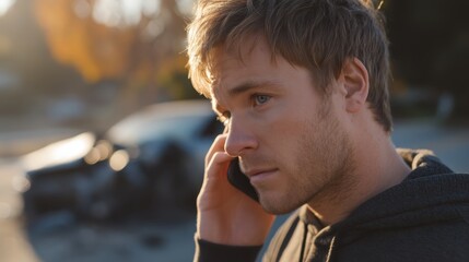Car insurance accident estimate concept. A concerned young man talks on the phone near a damaged car, capturing a moment of distress or urgency amidst a blurred background of autumn foliage.