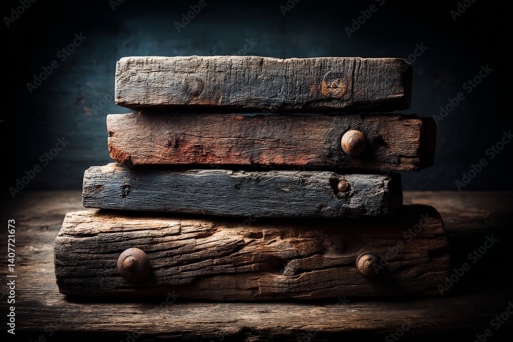 Poster weathered wooden blocks stacked on a rustic table in low light create a mood of nostalgia and simpli