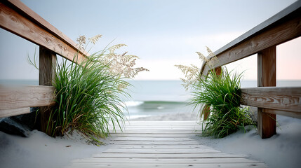 Serene beach boardwalk pathway framed by dune grasses leading to ocean
