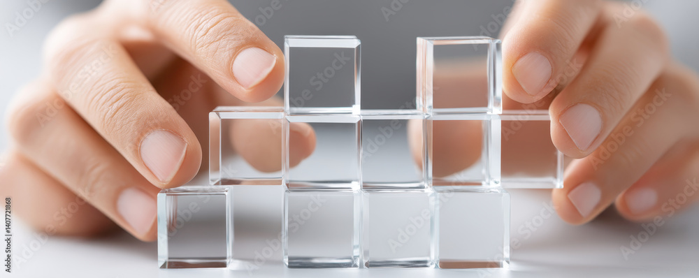Poster a pair of hands carefully arranges transparent blocks in a puzzle-like formation, focusing on precis