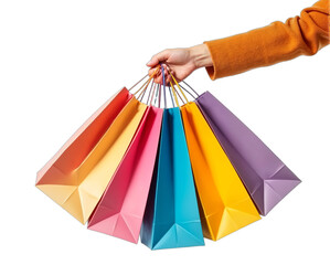 Shopping bags in hand, purchase for fashion, discount or sale Isolated on transparent background, gifts, retail products. Cheerful vibrant colors on clean white.