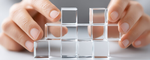 A pair of hands carefully arranges transparent blocks in a puzzle-like formation, focusing on precision and creativity.