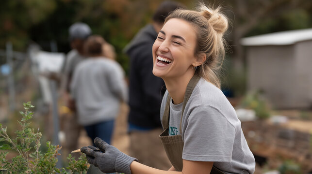 Volunteer Enjoying Community Garden Event with Laughter and Support