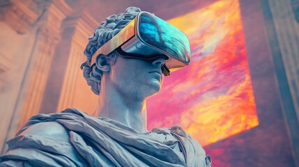 Obraz premium Statue Wearing Vr Headset with Abstract Background Creates Modern Vibe
