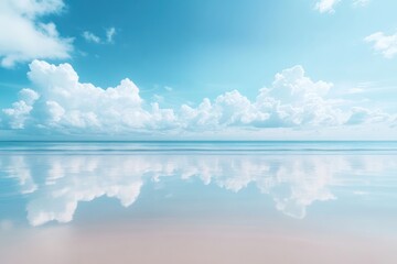 Calm beach scene, serene skies, mirrored reflection