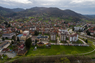 Naklejka premium Kosjeric aerial drone view of town in Serbia