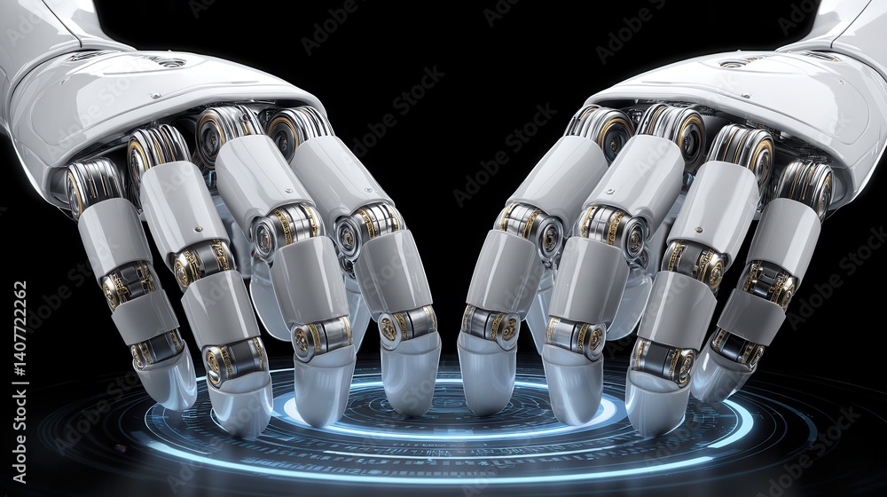 Poster hand teamwork synergy efficiency concept. a futuristic image of robotic hands reaching towards each 