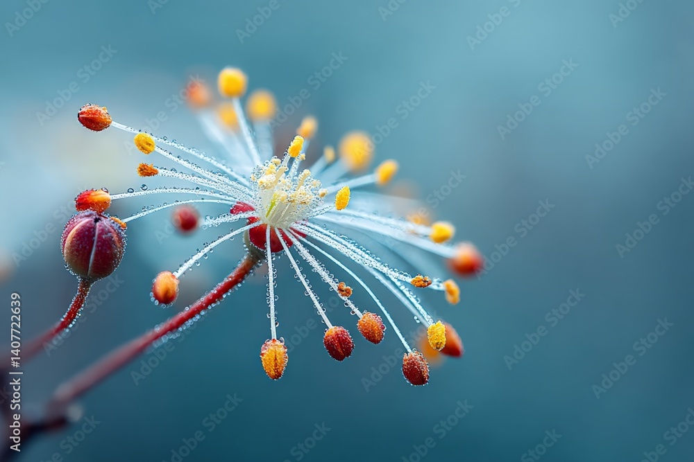 Poster macro view of a delicate flower with droplets in a serene setting at dawn