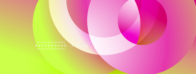 Vibrant abstract background features overlapping circles. Colors transition from green, yellow, orange to pink. Modern design evokes fluidity, energy, positivity.