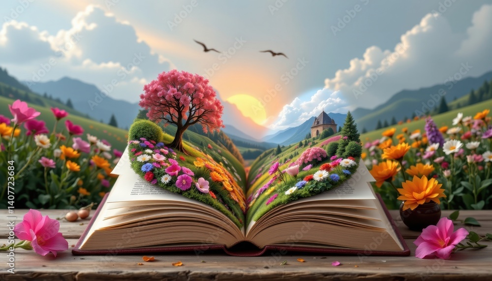 Aufkleber surreal transformation visualize a scene where the book's pages are morphing into different landscap