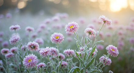 Frost kissed pink flowers in a sunlit field serene autumn morning delicate petals soft light
