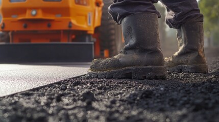 Construction worker preparing the ground for pavement installation. Featuring teamwork and precision