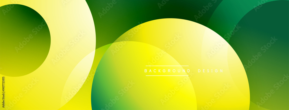 Poster abstract composition featuring overlapping circles, gradients from dark green to bright yellow. mode