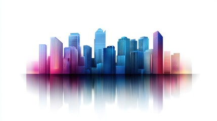 Colorful city skyline reflection on white background