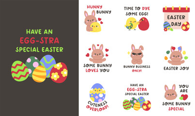 Funny Easter Quote Sticker Set in Cute Cartoon Style