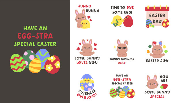 Funny Easter Quote Sticker Set in Cute Cartoon Style