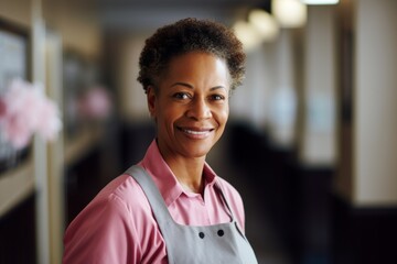 Fototapeta premium Smiling portrait of a middle aged female african american housekeeper in a hotel hallway looking at camera