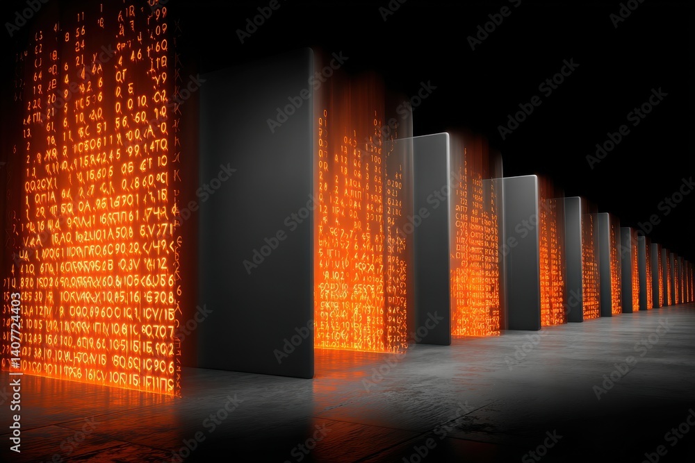Poster abstract glowing data center server racks with orange digital stream flowing, concept of modern it i