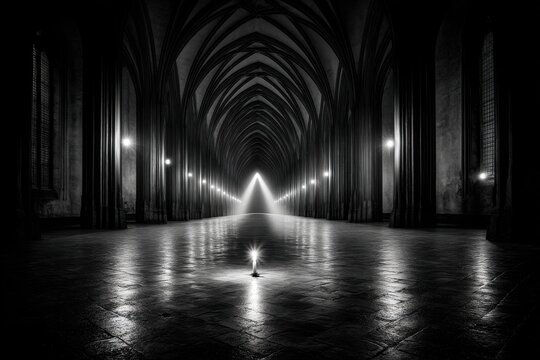 Dramatic black and white shot of a gothic hall with arches leading to a light, featuring a single candle in the foreground, creating a moody atmosphere.