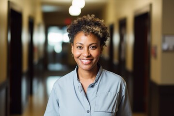 Obraz premium Smiling portrait of a middle aged female african american housekeeper in a hotel hallway looking at camera