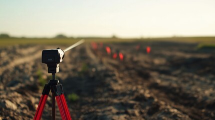 Surveyor marking land boundaries with laser level tool. Featuring accuracy and attention to detail