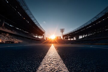 Dramatic Sunset Over Sports Stadium with Empty Track View