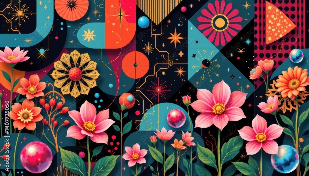 Poster funky geometric patterns illustrate a scene with geometric patterns woven into the background, featu