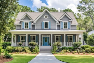 A beautiful large gray house with a blue front door