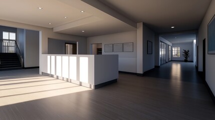 Modern Interior Lobby with Reception Desk, Corridor, and Staircase