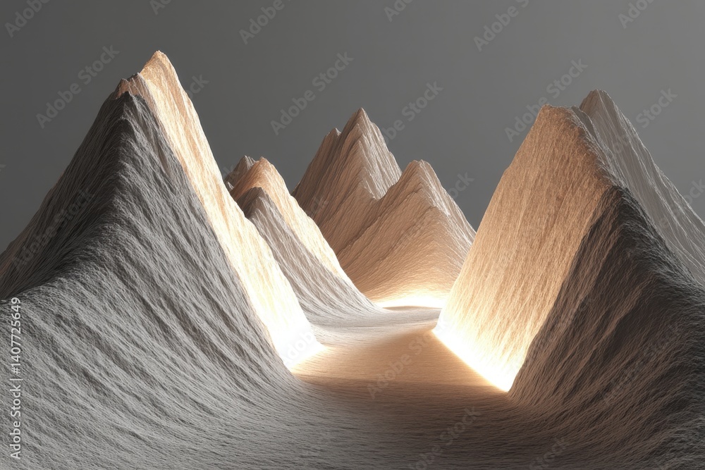 Poster a mesmerizing, digitally created landscape of jagged mountain peaks illuminated by a warm, ethereal 