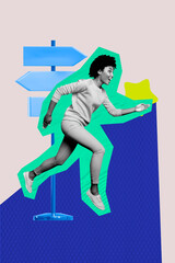 Sketch vertical photo collage of happy businesswoman businessman run arrow development progress statistics best star reputation