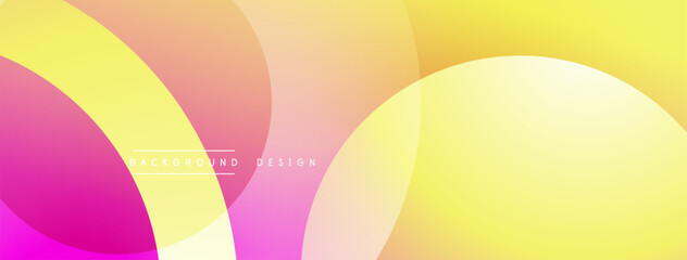 Abstract background features overlapping circles. Colors transition from pink, purple to yellow, creating vibrant gradient effect. Modern design suitable for digital projects.