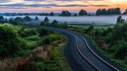 Winding railroad tracks through misty morning landscape